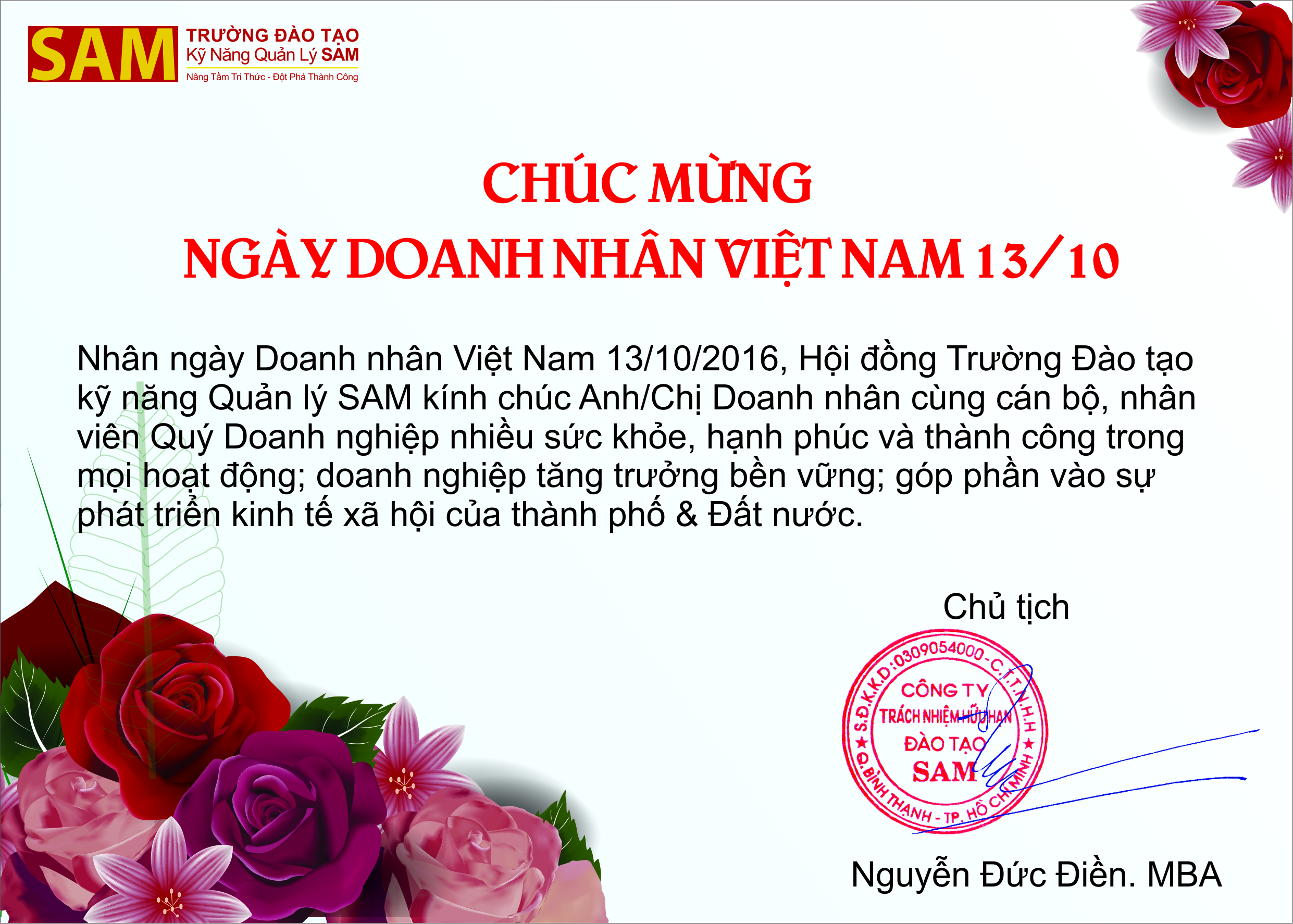 Chúc mừng ngày Doanh nhân Việt Nam 13/10/2016